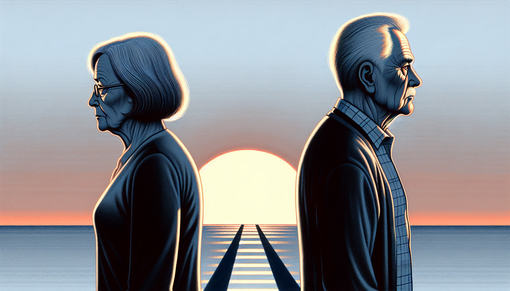 Illustration of older couple going separate ways symbolizing gray divorce