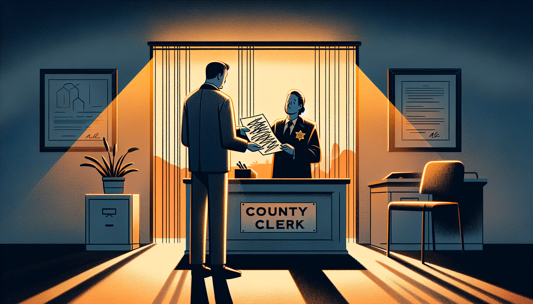 Illustration of a person obtaining a divorce decree from the county clerk