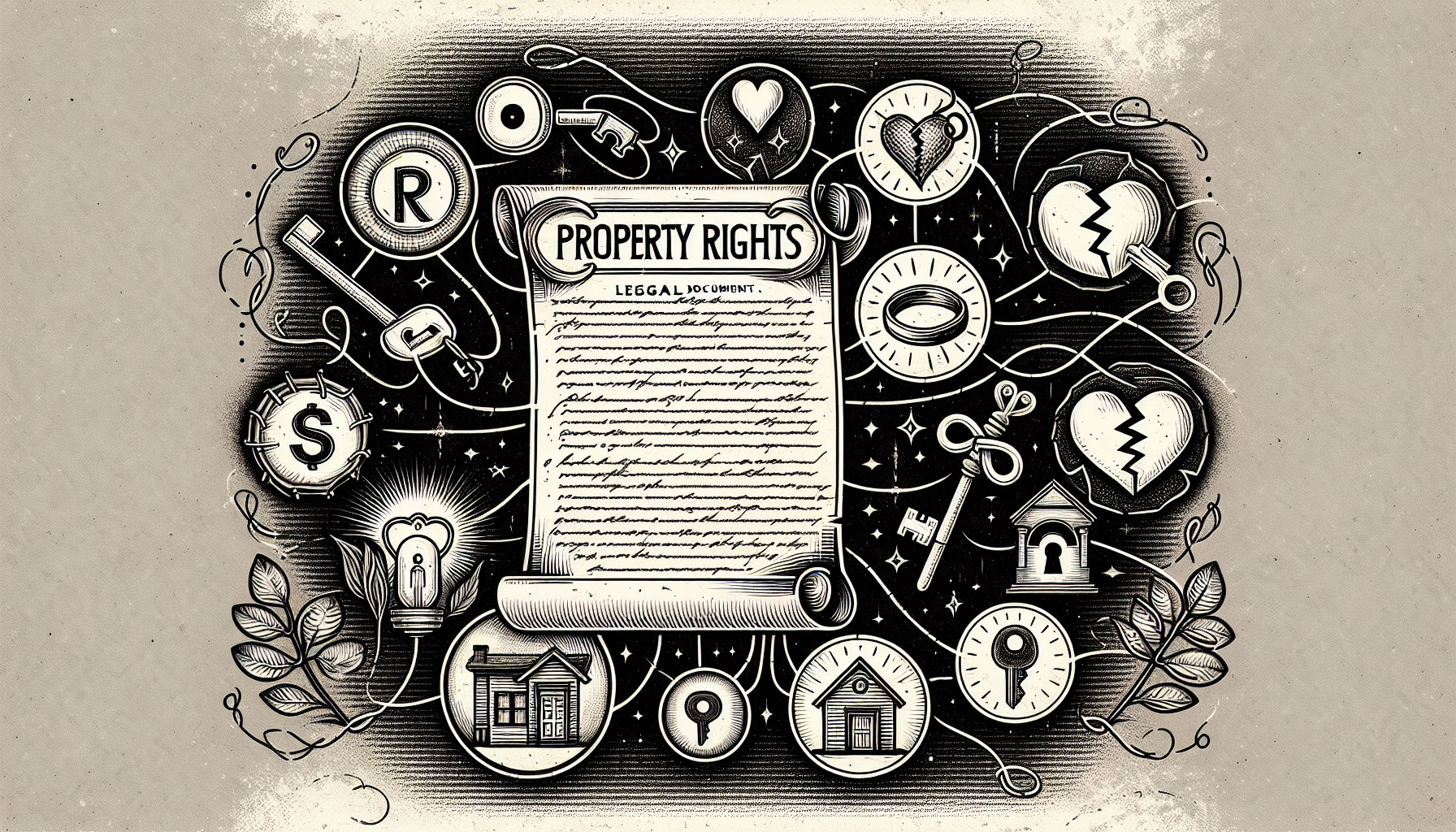 Illustration of a legal document with the title 'Property Rights' surrounded by relevant legal symbols