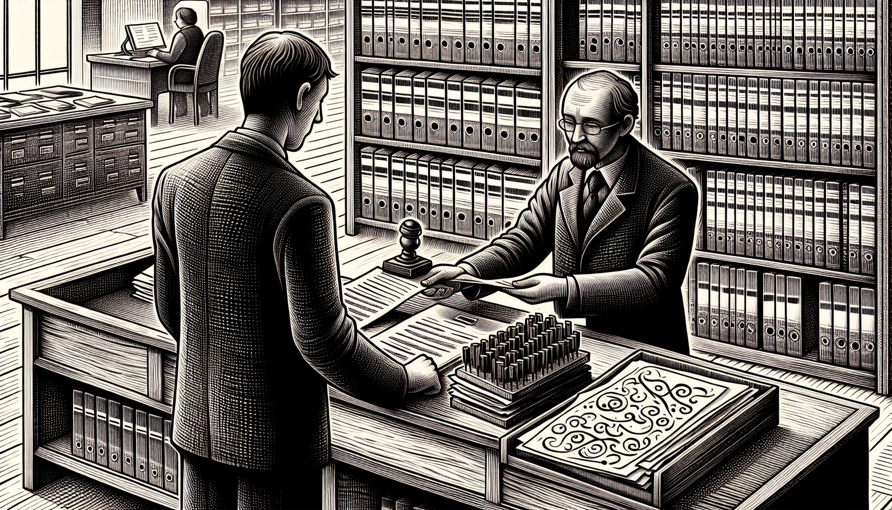 Illustration of obtaining a copy of a divorce decree from the court clerk's office