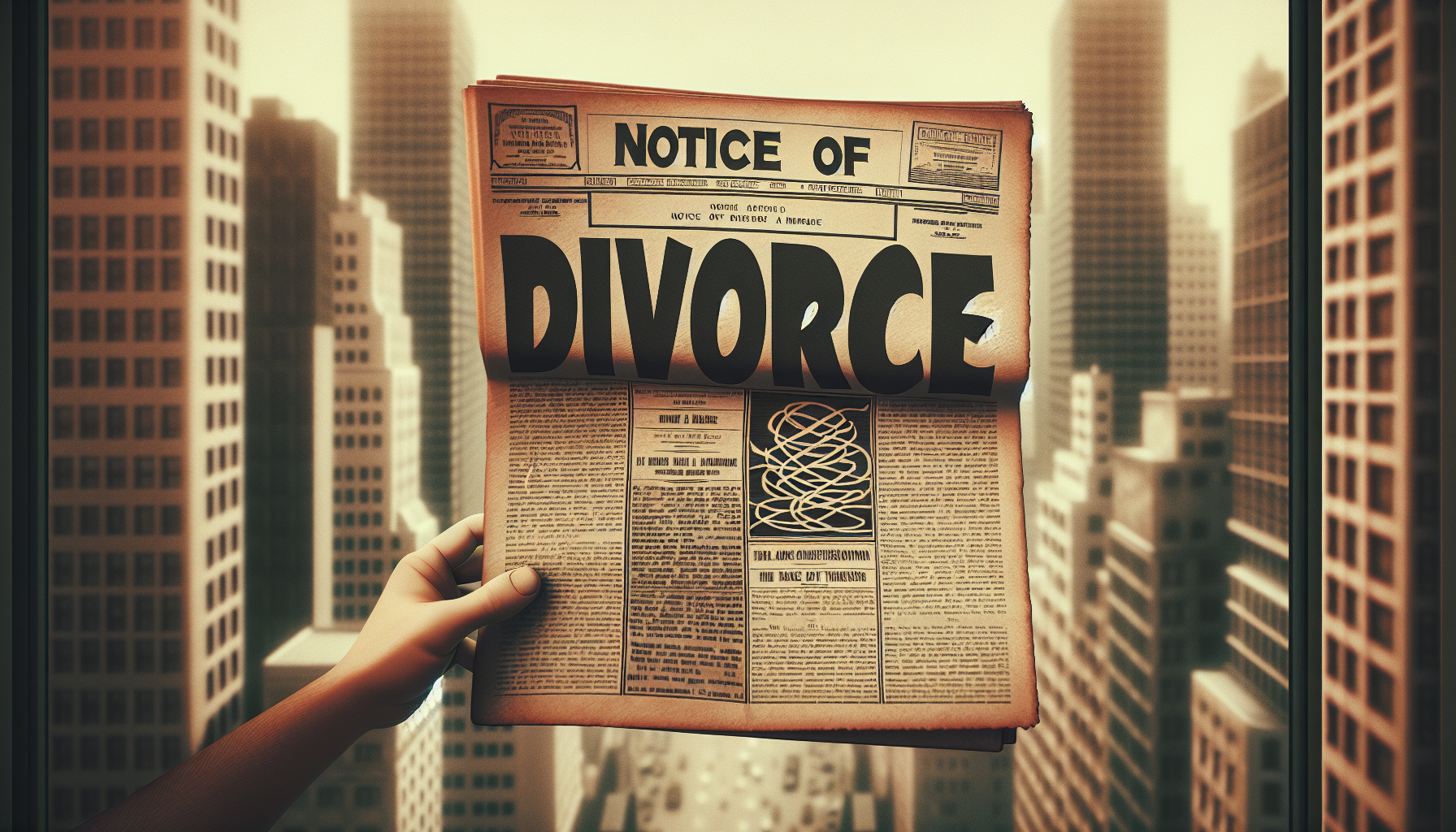 Illustration of a newspaper with 'Notice of Divorce' headline
