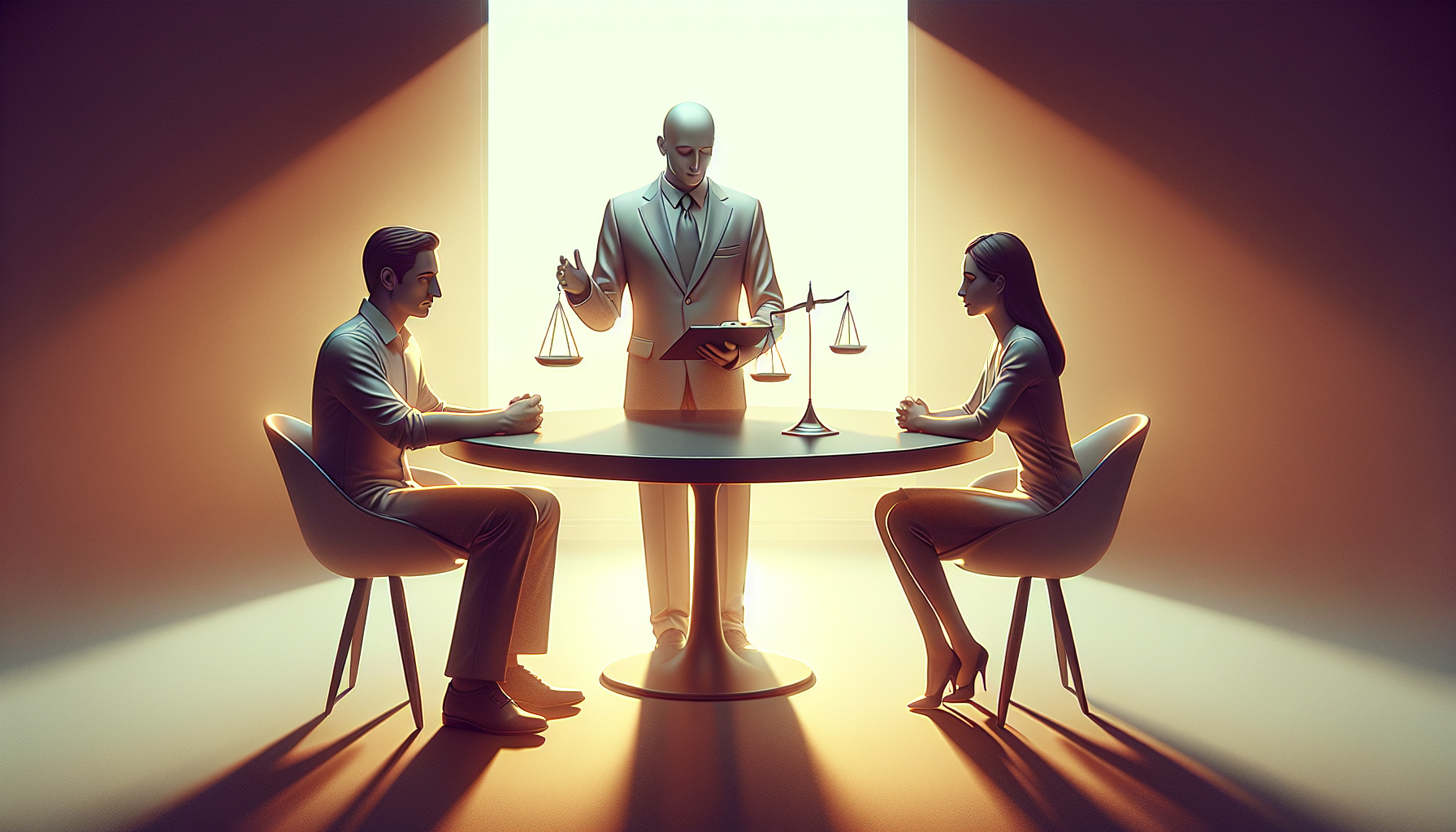 Illustration of a couple in a cooperative discussion with a mediator, symbolizing divorce mediation