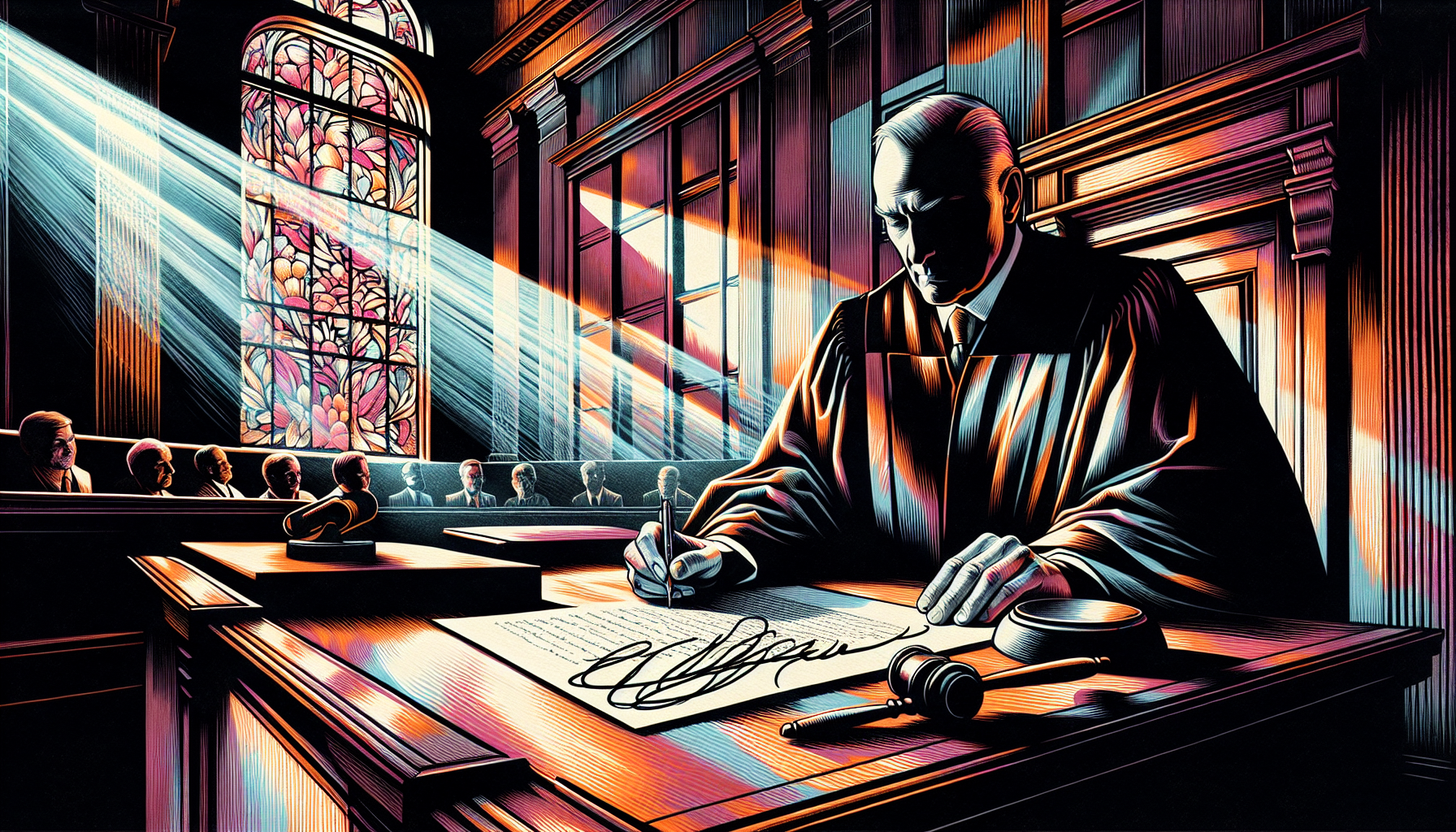 Illustration of a judge signing a simple document in the court