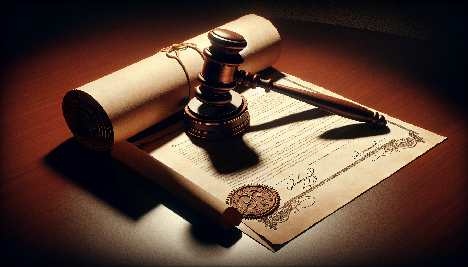 Illustration of a judge's gavel and a divorce decree