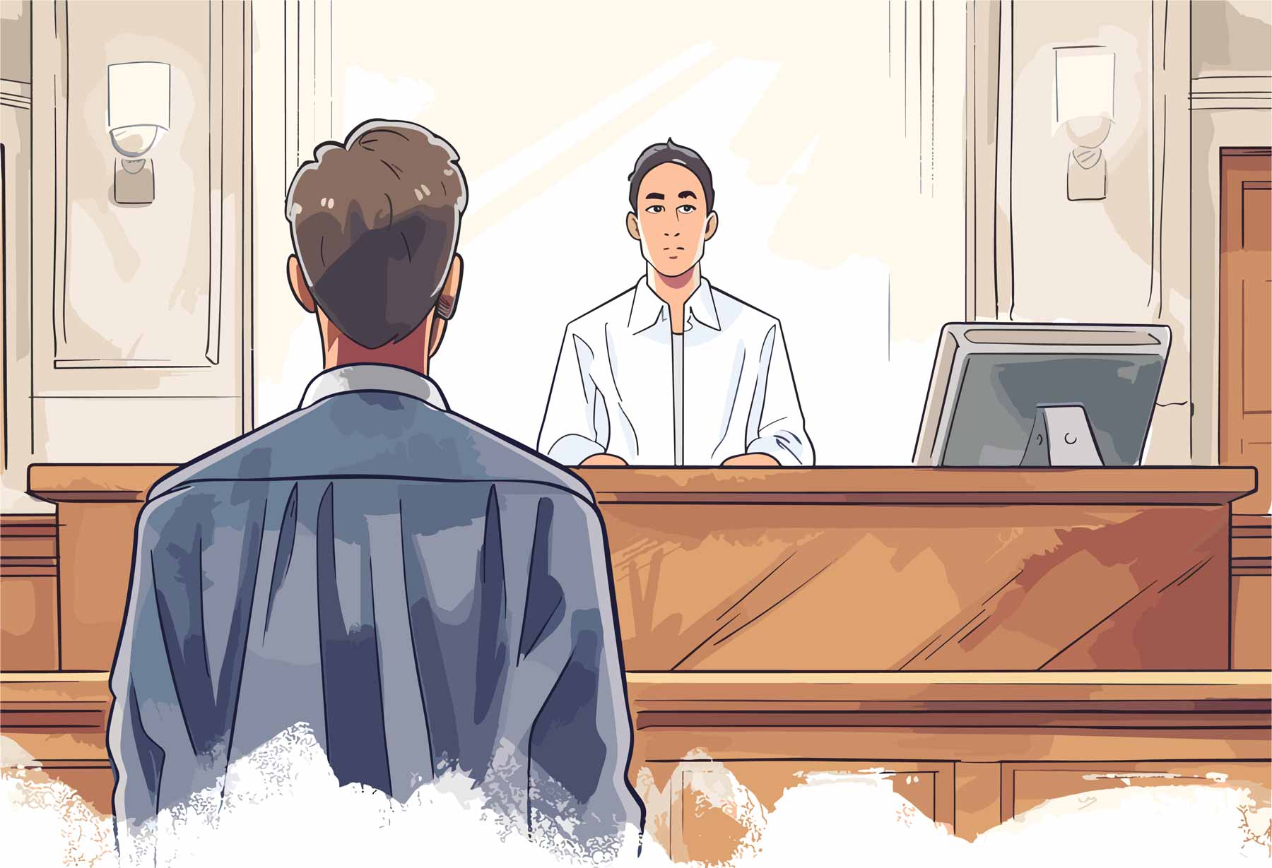 cartoon image of a man facing a judge in court by himself